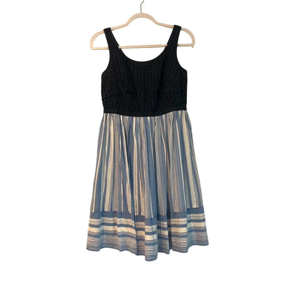 Loft Navy Blue Eyelet Striped Fit Flare Dress Womens 6 Sleeveless Scoop Neck